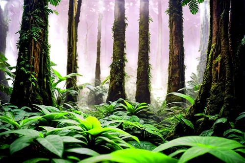 Tropical rainforest, Costa Rica, exotic plants, vibrant flowers, massive tree trunks, lush green foliage, misty atmosphere, warm sunlight filtering through leaves, 3/4 composition, shallow depth of fi