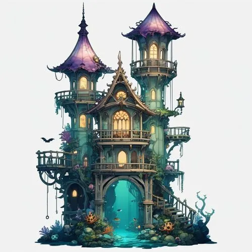 fairy house,fairy chimney,fairy tale castle,witch's house,house of the sea,wishing well,Illustration,Abstract Fantasy,Abstract Fantasy 11