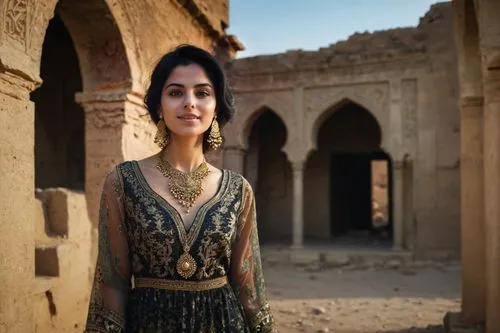 full torso portrait of a young woman persian, black hair, round face, delicate perfect hands, beautiful face, serene expression, shy smile, gold necklace and large earrings, in a former Persian style 