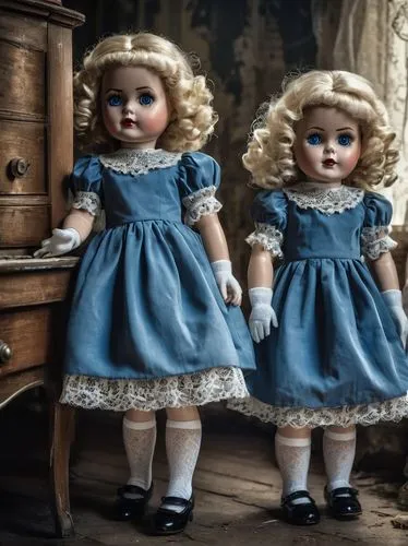 Creepy twin dolls, porcelain skin, identical faces, blue eyes, curly blonde hair, lace dresses, white socks, black Mary Jane shoes, standing back-to-back, abandoned mansion, dusty old furniture, cobwe