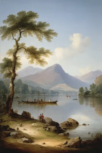 Derwentwater by Dominic Williams,robert duncanson,river landscape,coastal landscape,boat landscape,loch drunkie,landscape with sea,sognefjord,mountain scene,loch venachar,landscape background,dutch la