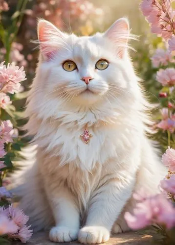 Whimsical cat, fairy wings, delicate feathers, pastel colors, sparkling dust, cute face, pink nose, fluffy whiskers, soft fur, sitting posture, legs tucked in, surrounded by flowers, garden setting, w