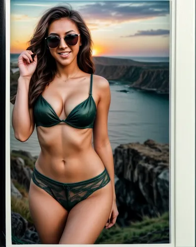 generate a polaroid photo-style image  and  very realistic image, with the look of a photo worn out by time, on a wonderful sunset day with a spectacular, wonderful sky and She is a very beautiful wom