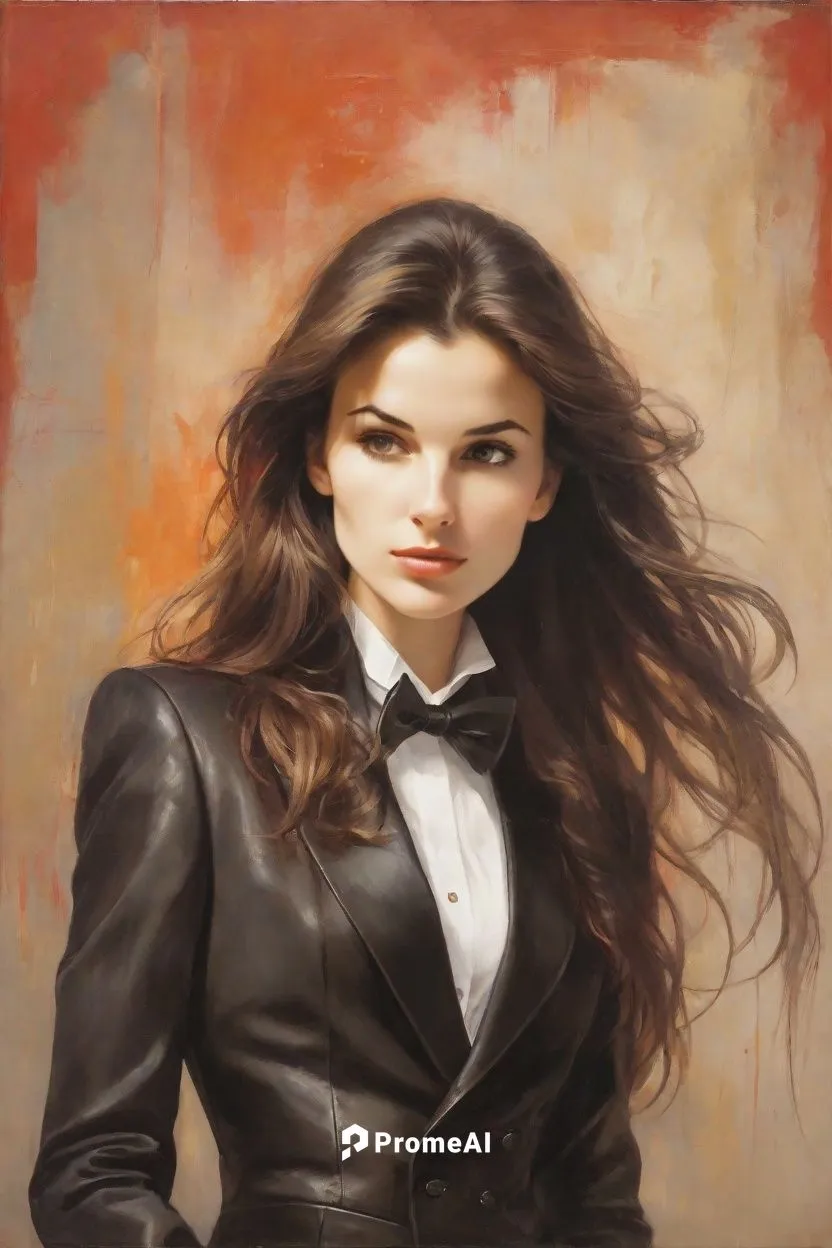 in the center of the canvas, a portrait of a woman with long, flowing hair sits on a pedestal. She wears a tuxedo and a suit made of leather. The paint strokes are faded, but a hint of gold and dark c