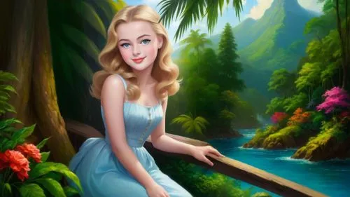 world digital painting,the blonde in the river,disneyfied,eilonwy,mermaid background,elsa,disney character,fairy tale character,portrait background,maureen o'hara - female,forest background,fantasy picture,dorthy,cartoon video game background,background ivy,landscape background,fantasy portrait,digital painting,thumbelina,cinderella