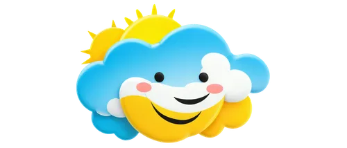 Weather icon, Android style, colorful, detailed design, sunny day, blue sky, white puffy clouds, golden sun, smiling face, 3D visual effect, glossy finish, round shape, simple composition, bright ligh