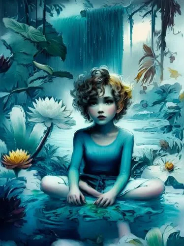 naiad,water lotus,undine,underwater background,fantasy picture,calyx-doctor fish white,Illustration,Realistic Fantasy,Realistic Fantasy 15