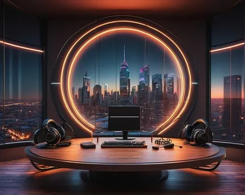 Modern podcast design, futuristic architecture, sleek lines, metallic materials, neon lights, circular shape, sound waves patterns, recording studio, microphone, headphones, mixing console, acoustic p