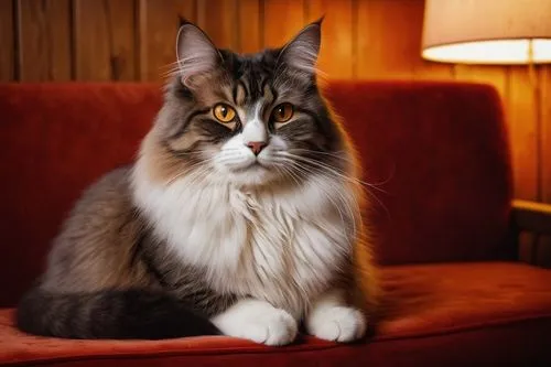 Whimsical cat, sitting, red velvet couch, 70s style, lava lamp, warm glow, orange and yellow swirls, dimly lit room, retro decor, wooden paneling, soft focus, shallow depth of field, nostalgic ambianc