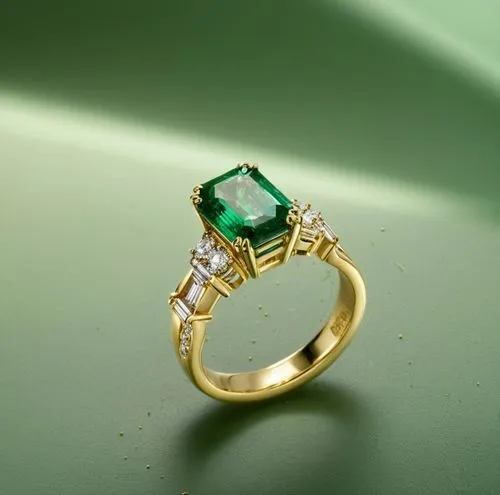 A ring with emerald and round diamonds and baguette diamond , high quality, high resolution, ultra distills, 8k,a green and white ring on a green surface,cuban emerald,birthstone,boucheron,anello,emer