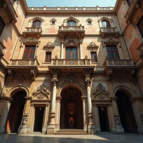 Ornate Renaissance palazzo, multi-paned windows, arched openings, rusticated stone walls, ornamental balconies, intricately carved doorways, classical columns, symmetrical facades, grand entranceways,