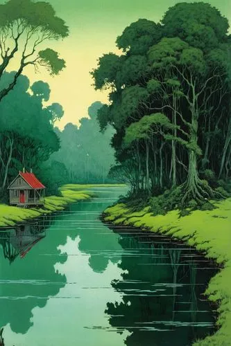 studio ghibli,house in the forest,ghibli,takahata,miyazaki,an island far away landscape,yatsura,forest house,mononoke,treehouses,arrietty,forest lake,korowai,japan landscape,house with lake,butka,cartoon video game background,ponyo,idyllic,amazonas,Illustration,Retro,Retro 25