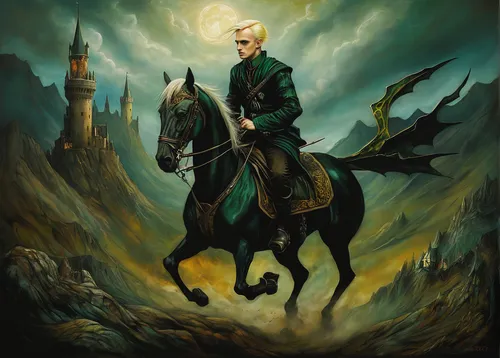 bronze horseman,horseman,heroic fantasy,jrr tolkien,fantasy picture,fantasy art,horseback,black dragon,green dragon,tilda,cullen skink,patrol,horsemen,fantasy portrait,the order of the fields,black horse,man and horses,elven,equestrian,weehl horse,Illustration,Realistic Fantasy,Realistic Fantasy 34