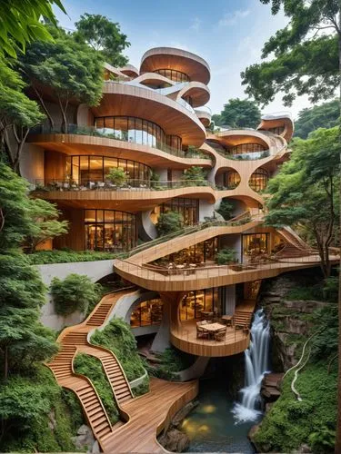 fallingwater,futuristic architecture,tree house hotel,asian architecture,treehouses,modern architecture,Photography,General,Realistic