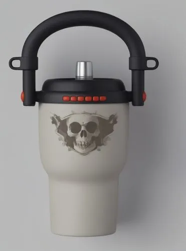 杯身上有软萌骷髅简笔画,a white cup with a handle attached to it,skullcandy,cupholder,tritton,casque,oxygenator,skull allover