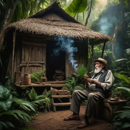 a very old man smoking and sitting in front of his woodhouse in the jungle,man sitting on stool next to small hut with burning match in forest,ayahuasca,tatang,ethnobotanist,pachamama,mckennitt,pipe s