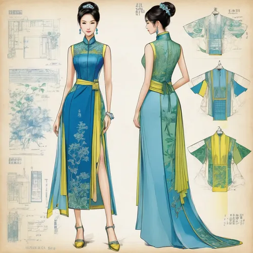 chinese style,ao dai,costume design,fashion design,hanbok,teal blue asia,oriental princess,jasmine blue,one-piece garment,dress form,oriental painting,fabric design,oriental,evening dress,fashion illustration,ethnic design,sheath dress,chinese art,japan pattern,floral japanese,Unique,Design,Blueprint