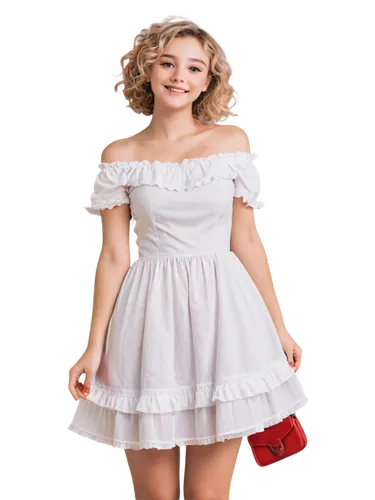 Cute lady, solo, (20yo), sweet smile, big brown eyes, curly blonde hair, minimal makeup, white off-shoulder dress, frilly socks, red heels, holding small purse, standing, gentle pose, Lolita style, so