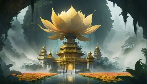 golden lotus flowers,stone lotus,shambhala,water lotus,lotus flowers,lotus blossom,Conceptual Art,Fantasy,Fantasy 02