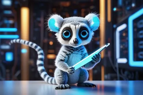 Lemur AI, robotic lemur, shiny metallic body, glowing blue eyes, tiny nose, small mouth, fluffy ears, white belly, thin tail, standing on two legs, holding a tablet, futuristic laboratory background, 