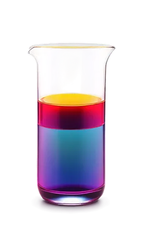 Transparent glass beaker, filled with colorful liquid solution, rounded body, narrow neck, laboratory equipment, shiny metallic surface, reflective light, soft focus, 3/4 composition, shallow depth of