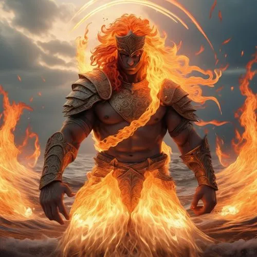 flaming waves moving fierclely as the warrior stands unfazed and begins to pose in a victorious position,Vance Lusitan,flaminius,hellstrom,pillar of fire,flame spirit,flame of fire,fire background