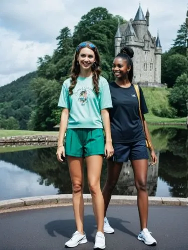 A heartfelt reminder of my summer vacation in Scotland. Here is a double portrait of my great friends and hosts Orion and Elara Ashford in Front of Silverstern Castle.,two s standing in front of a lak