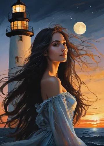 mystical portrait of a beautiful young woman with very  long hair, sparking eyes, enigmatic smile, coy, ethereal, flowing gown, sunset with girl in moonlight, detailed face, ,lighthouse,the sea maid,l