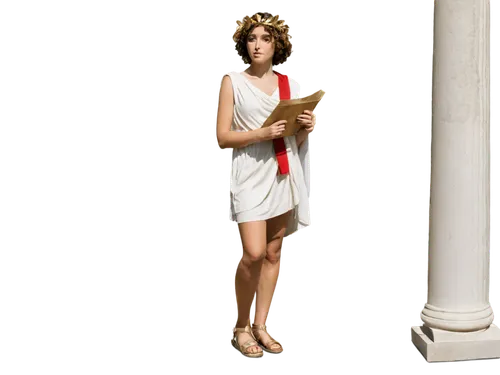 Ancient Roman lady, Latin-inspired costume, curly brown hair, golden laurel wreath, elegant white toga, red sash, sandals, holding scroll, leaning on marble column, warm afternoon sunlight, soft focus