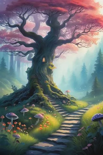 druid grove,fantasy landscape,mushroom landscape,fantasy picture,magic tree,elven forest,fairy forest,celtic tree,forest landscape,tree top path,tree of life,the mystical path,oak tree,fae,forest tree,forest path,tree grove,flourishing tree,purple landscape,enchanted forest,Conceptual Art,Fantasy,Fantasy 03