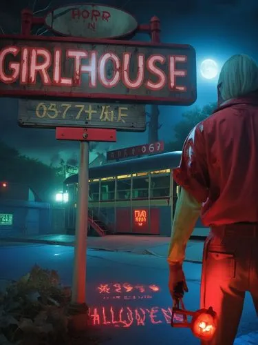 grindhouse,madhouse,halloween wallpaper,halloween poster,splatterhouse,bioshock,dollhouse,gni,halloween background,girl holding a sign,retro halloween,neon sign,halloween and horror,safehouse,funhouse,halloween scene,greedier,girl with a gun,blazkowicz,retro diner,Photography,General,Realistic