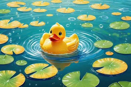 Yellow rubber ducky, sitting, half-submerged in clear blue water, tiny bubbles rising, shiny beak, big round eyes, cute facial expression, white chest, orange webbed feet, floating near green water li