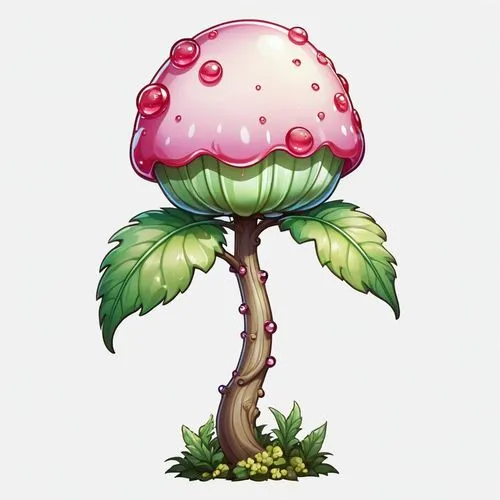 2d side sprite of a gumdrop bush, transparent background,cartoon mushroom with pink color surrounded by green leaves,tree mushroom,forest mushroom,toadstool,mushroom island,mushroom type,mushroom land