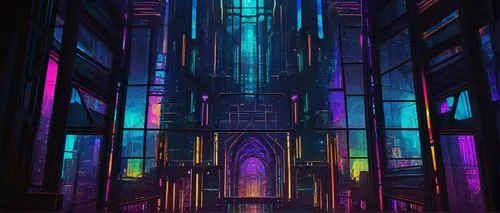 metropolis,cathedral,cyberpunk,colorful city,fantasy city,cityscape,pillars,vapor,urban,temple fade,dystopian,80's design,alleyway,sanctuary,haunted cathedral,futuristic,gateway,shinjuku,alley,tokyo city,Conceptual Art,Oil color,Oil Color 17