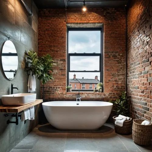 luxury bathroom,bathtub,modern minimalist bathroom,homes for sale in hoboken nj,baths,brownstone,bathtub accessory,shower bar,homes for sale hoboken nj,tub,bath,bathroom,bath accessories,red brick wall,loft,tiled wall,stone sink,red brick,brick house,washbasin,Photography,General,Realistic