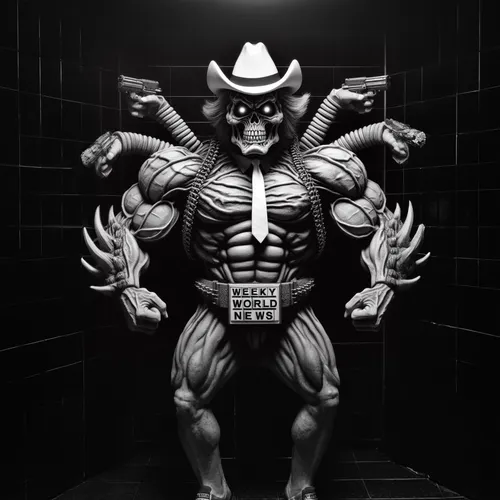 Black and white full-body photograph of the final boss of the Waffle House in the style of the Weekly World News,bodybuilding,muscle man,bodybuilder,body building,body-building,greyskull,muscle icon,m