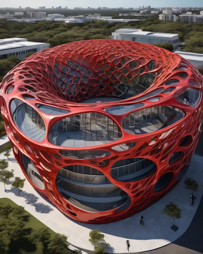 physical 3d model of collaboration between architects Neri Oxman and Thomas Heatherwick, red silk translucent architecture, Google campus dragonscale roof, free form, clear details, detail, Chaos Grou