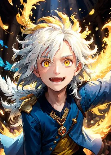 a young man, yellow eyes, long white hair, happy, golden and blue clothes. simurgh symbol,   ,flamel,alcor,killua,bakura,burning hair,fire background,niles,michio,fire eyes,tenn,firestarter,flame spir