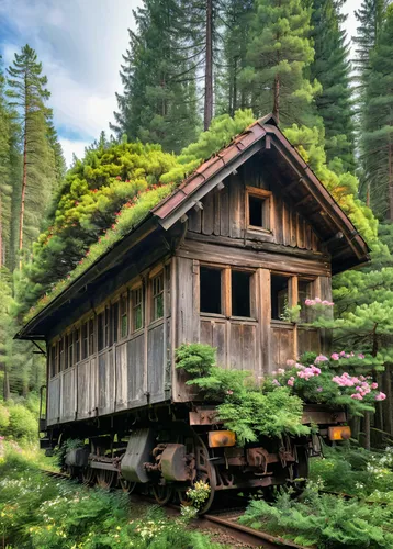 Old train house in forest, flowers are blooming,  pine-tree, ,log home,house in the forest,wooden house,log cabin,timber house,wooden hut,japanese architecture,grass roof,wooden houses,tree house,wood