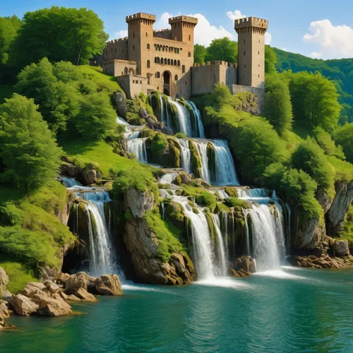 water castle,water palace,green waterfall,waterfalls,castel,lombardy,croatia,castle of the corvin,hydropower plant,italy,falls of the cliff,wasserfall,ticino,veneto,krka national park,tower fall,medieval castle,moated castle,castelul peles,water fall,Art,Classical Oil Painting,Classical Oil Painting 43