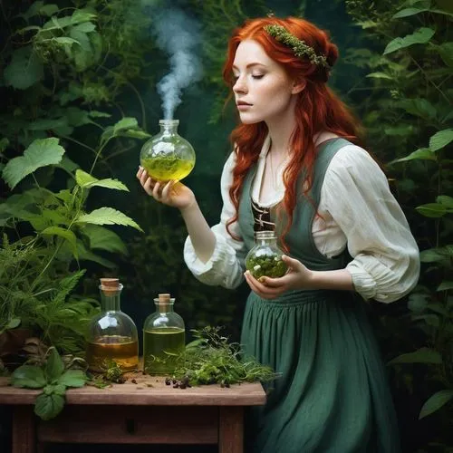 apothecary,fantasy picture,faery,candlemaker,herbal medicine,natural perfume,potions,fantasy portrait,mystical portrait of a girl,absinthe,fantasy art,alchemy,poisonous,medicinal herbs,tincture,medicinal plants,natural oil,poison bottle,creating perfume,faerie,Illustration,Realistic Fantasy,Realistic Fantasy 15