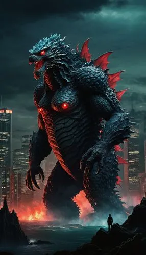 Cthulhu-like Godzilla, gigantic, scaly skin, glowing red eyes, massive claws, destructive power, ancient deity, underwater throne, coral reef, dark seaweed, eerie bioluminescent lighting, misty atmosp