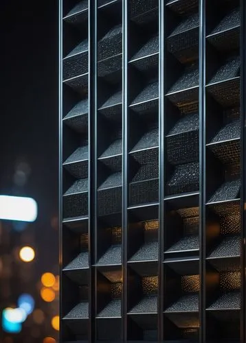 Modern architectural wall panel, geometric pattern, silver metal frame, matte black background, 3D textured surface, intricate design, futuristic ambiance, urban cityscape, skyscraper, night scene, ne