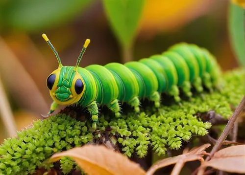 caterpillar, green body, yellow stripes, multiple legs, tiny eyes, crawling, leafy background, garden, sunny day, warm light, soft focus, shallow depth of field, vibrant colors, natural composition, p