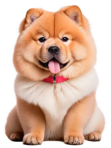 Chow Chow, cute, fluffy, white fur, pink tongue, black eyes, sitting, front view, paws together, red collar with golden bell, soft focus, warm lighting, shallow depth of field, pastel color tone, 3/4 