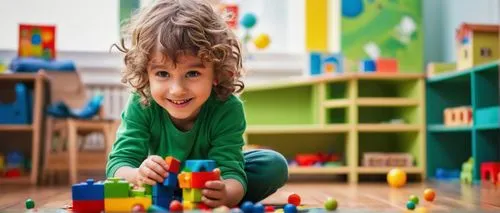 Colorful kindergarten, playful kid, (4-6yo), curious eyes, bright smile, messy hair, casual wear, holding crayon, standing, colorful blocks, toy cars, balls, building bricks, learning atmosphere, natu