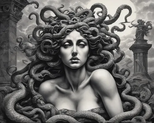 medusa,medusa gorgon,gorgon,tentacles,tentacle,cybele,serpent,siren,kraken,silver octopus,asclepius,the zodiac sign pisces,god of the sea,tendrils,sea god,zodiac sign libra,caduceus,octopus,cnidaria,priestess,Illustration,Paper based,Paper Based 08