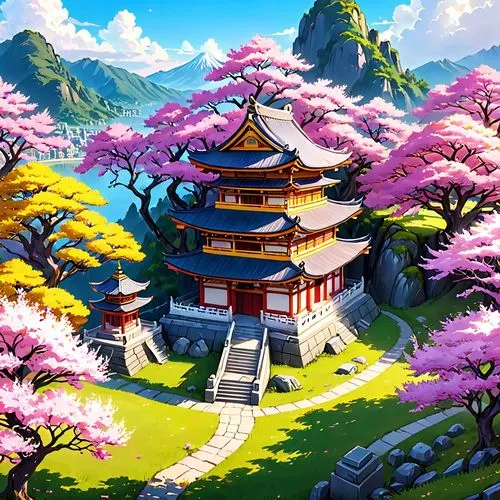 japanese sakura background,sakura background,cartoon video game background,asian architecture,tianxia,pagodas,Anime,Anime,Traditional