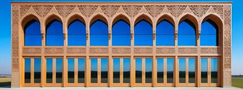 white wooden carved facade with patterns in a modern style,an architecture po of an ornate wall at the end of a large building,lattice windows,lattice window,window with grille,church windows,islamic 