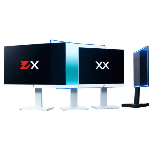 Multiple digital screens, xx logo, modern minimalist design, sleek metal frames, HD display, vertical orientation, slight screen glare, softbox lighting, shallow depth of field, futuristic ambiance, 3